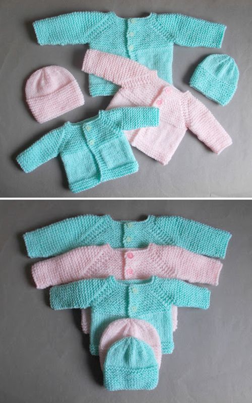 two pictures of sweaters and hats made out of knitted material, one in pink and the other in aqua