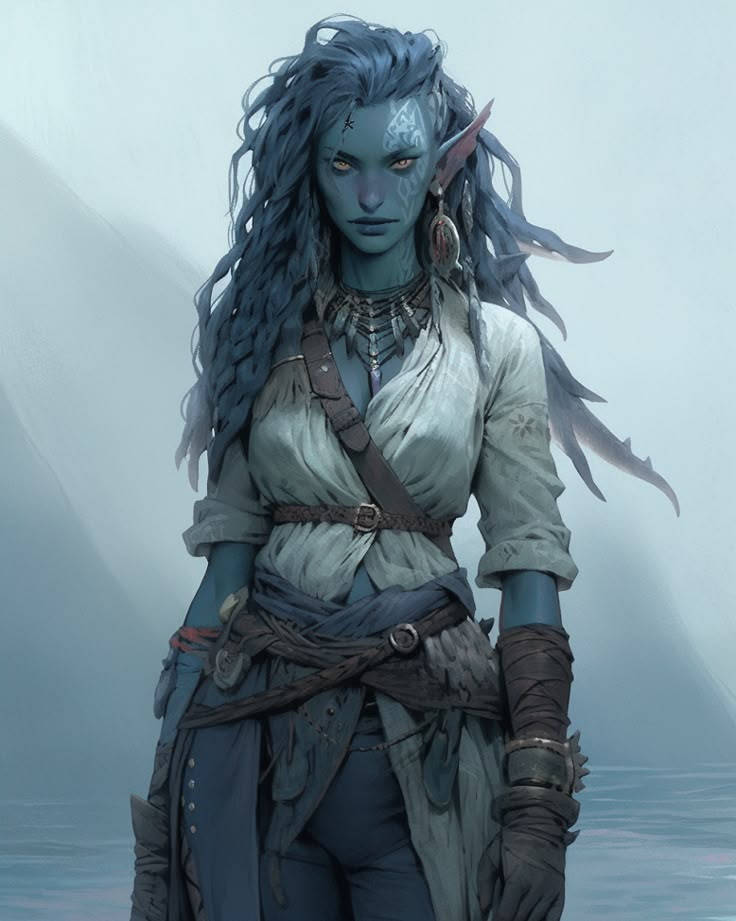 Dnd Water Genasi Female Druid, Water Genasi Female Character Design, Mermaid Dnd Character, Water Genasi Female Pirate, Water Genasi Female Druid, Siren Dnd Character, Elf Barbarian Female, Storm Sorcerer Dnd, Male Air Genasi