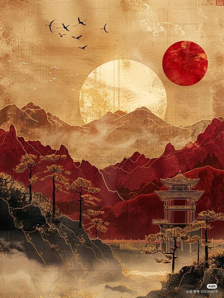 Traditional Asian Painting, Chinese Painting Aesthetic, Chinese Art Painting Landscape, Old Japanese Art Wallpaper, Asian Inspired Art, Japanese Aesthetic Painting, Japan Aesthetic Painting, Japanese Painting Wallpaper, Chinese Wallpaper Backgrounds