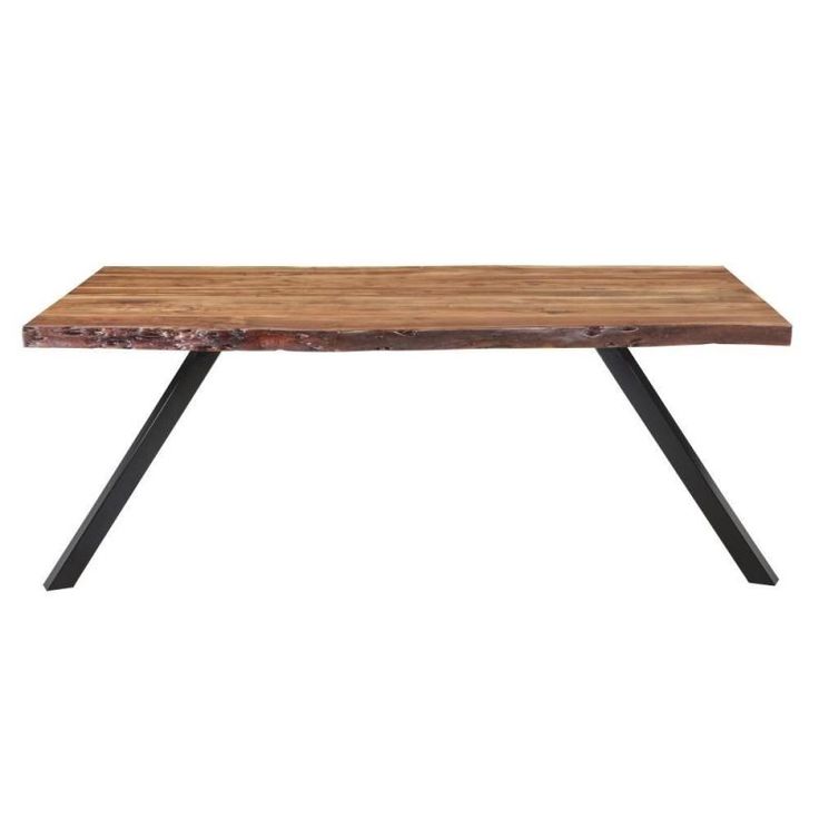 a wooden table with black metal legs and a wood slab on the top, against a white background