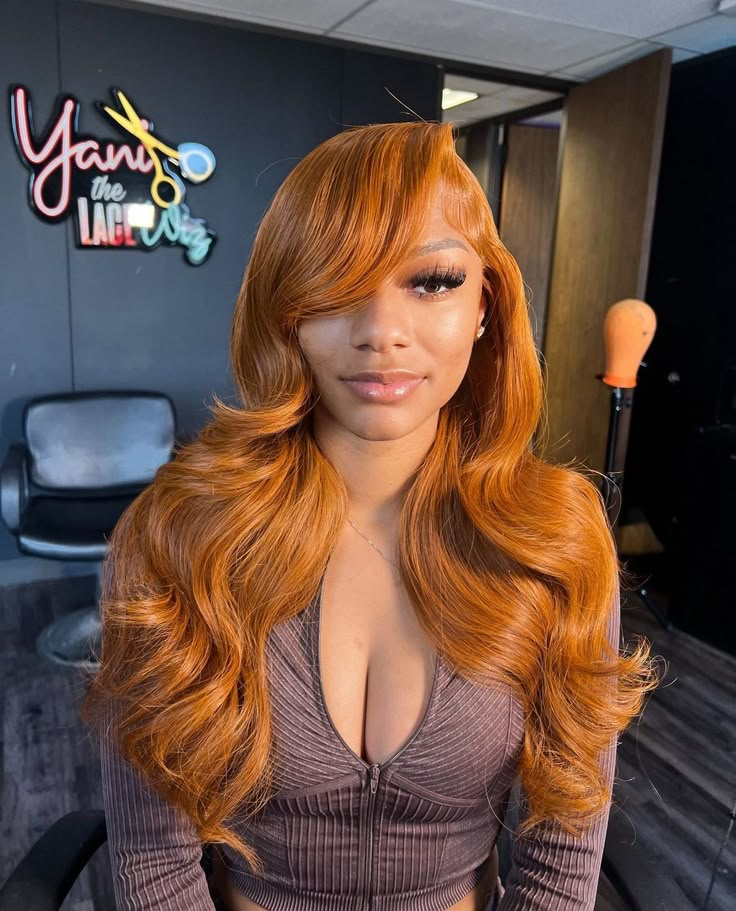 Cooper Wigs For Black Women, Copper Frontal Wig, Fall Wigs Black Women, Ginger Hair Side Part, Colored Layered Wig Black Women, Copper Lace Front Wigs Black Women, Ginger On Light Skin Black Women, Ginger Wig Install Black Women, Fall Wig Installs