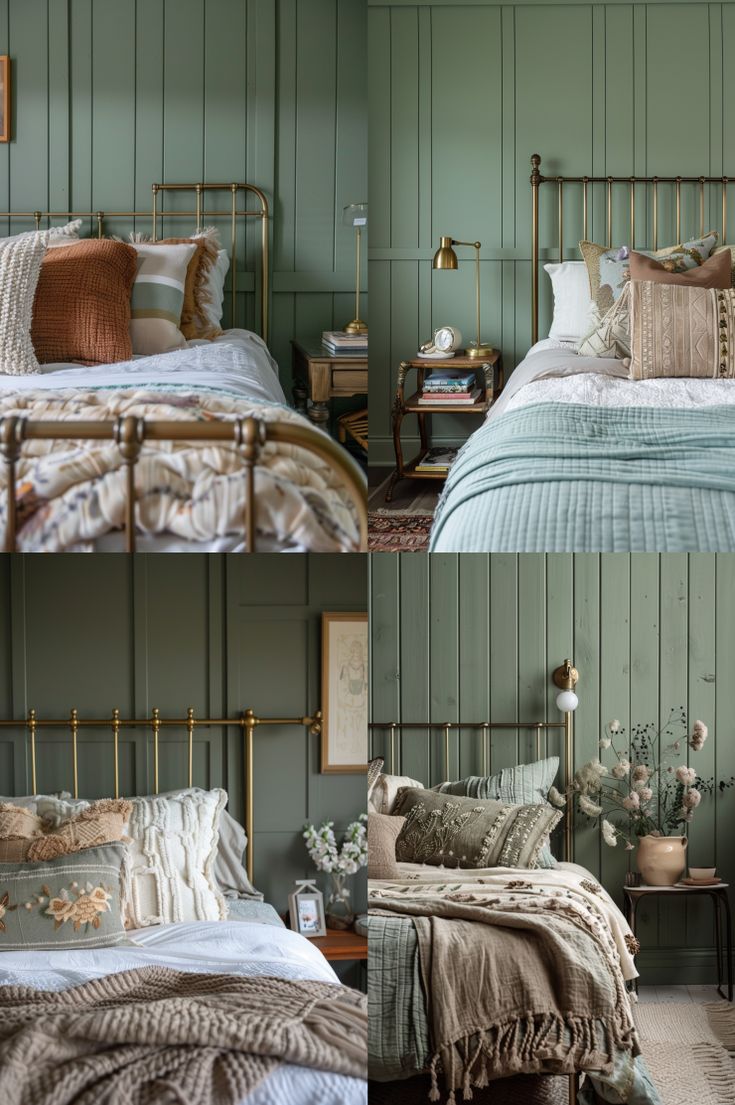 two pictures of a bedroom with green walls and gold bedding, one in the foreground