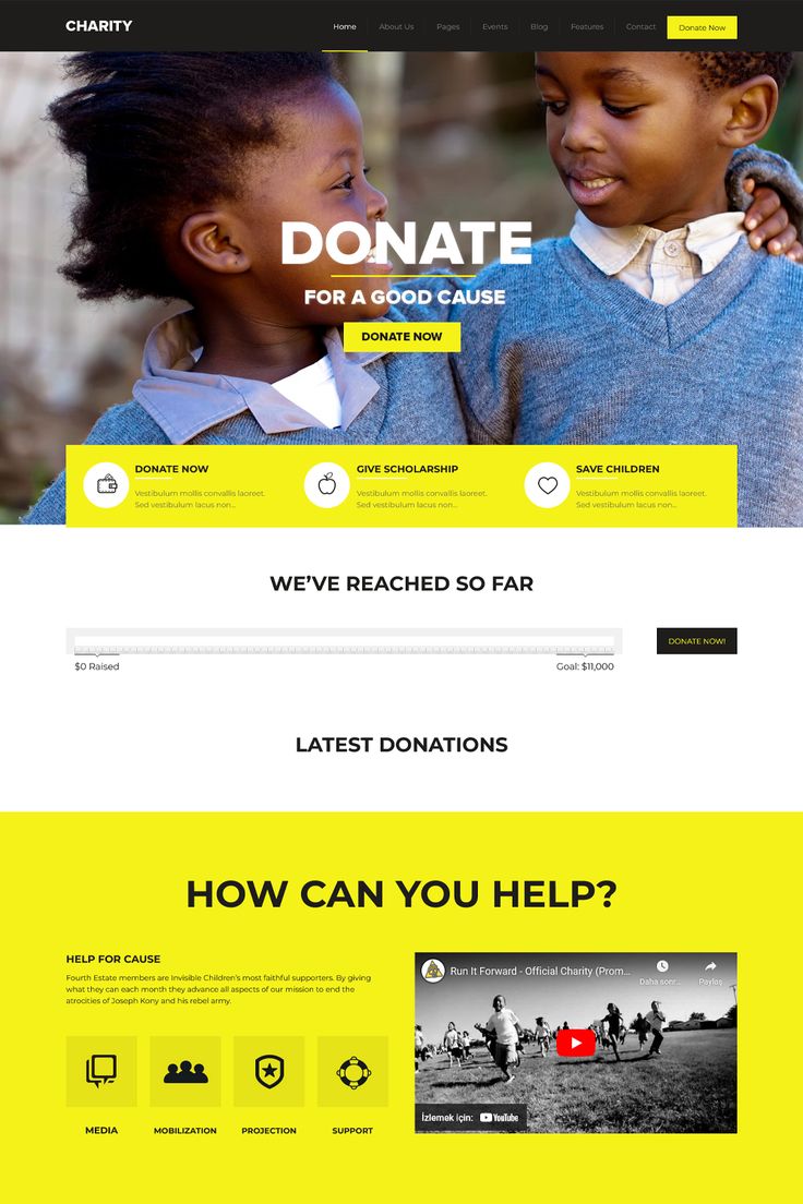 the website for charity is shown in yellow and black, with an image of two children