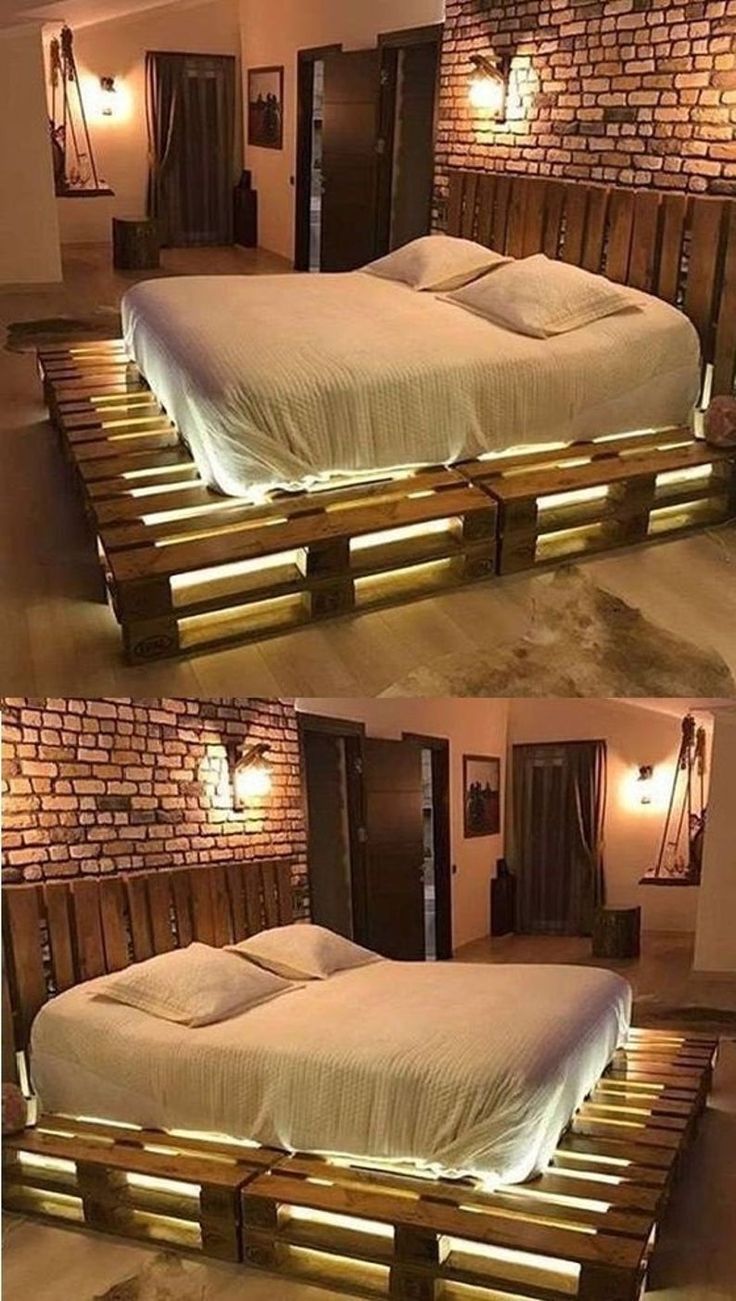 two pictures of a bed made out of pallet wood with lights on each side