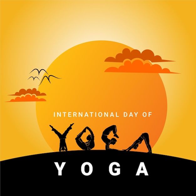 the international day of yoga poster with silhouettes of people doing yoga in front of an orange sun