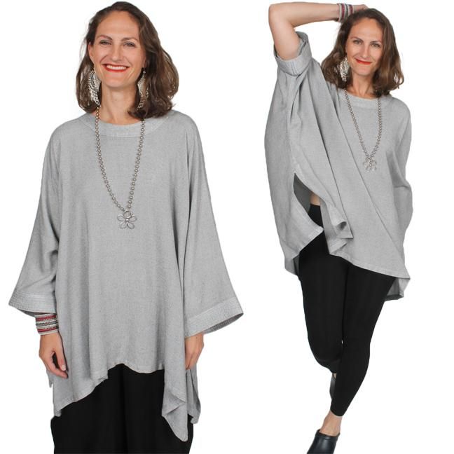 ONE SIZE FITS SMALL-8X Oversize Hand-Woven Moroccan Cotton sousdi over-size tunic top. It's like our Nobi, an over-size beautiful hand-woven Moroccan Tunic. The banding at neckline and sleeve hem is doubled & stitched in rows to give some weight. Also the side slits are chevrons- to add more visual dimension.It's another of our bestselling plus-size tunics. We have gals short & small who love this style. And of course, our curvy plus-size goddess gals live in these. Design Details: Scoop Casual Plus Size Dresses, Urban Bohemian, Goddess Outfit, Sophisticated Casual, Plus Size Dresses For Women, Chevron Stitch, Boho Hippie Chic, Plus Size Womens, Pocket Top