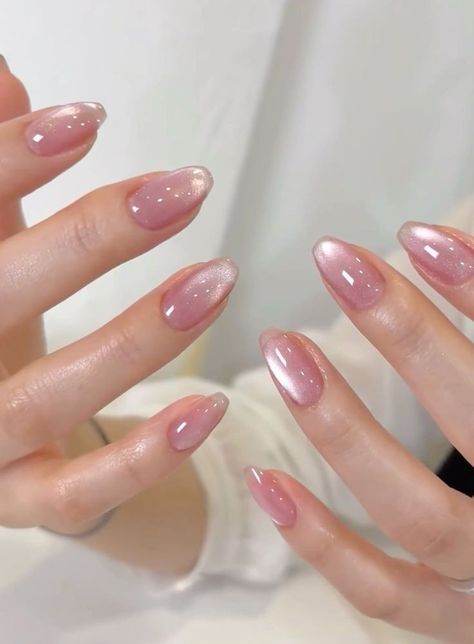 Girly October Nails, Almond Nails For Tan Skin, Pink Nails For Bride, Shiny Neutral Nails, Pink Nails Magnetic, Nail Ideas Shimmer, Light Pink Catseye Nails, Acrylic Nails Magnetic, Nail Inspo Magnetic