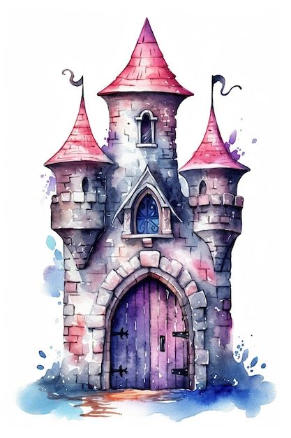 a watercolor drawing of a castle with a purple door