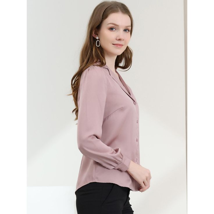 Complete your chic style with this satin button-up shirt. This satin button-up shirt features button cuffs and a notch collar perfectly. Pair it with jeans and work pants for your casual chic look. To create an elegant image with a classic design. Look smart and classic in this shirt finished with solid color fabric. With shiny and smooth fabric, this satin shirt makes you look elegant and romantic. Satin Button Down Shirt, Satin Button Up, Womens Office, Business Casual Shirts, Satin Long Sleeve, Chiffon Long Sleeve, Satin Shirt, Notch Collar, Color Fabric