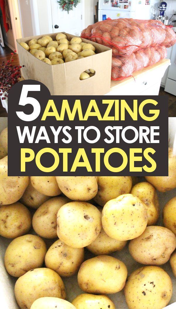 potatoes piled up in boxes with text overlay reading 5 amazing ways to store potatoes