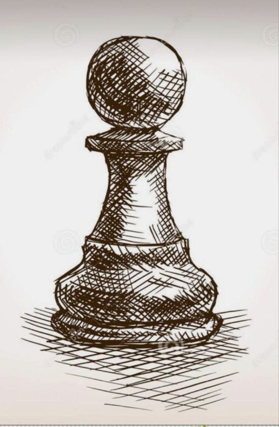 a black and white drawing of a chess piece with a ball on it's head