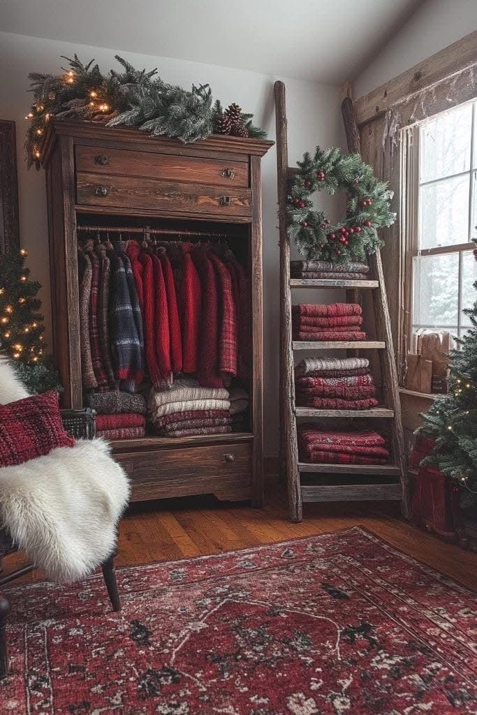 a christmas tree is in the corner of a room next to a dresser and chair