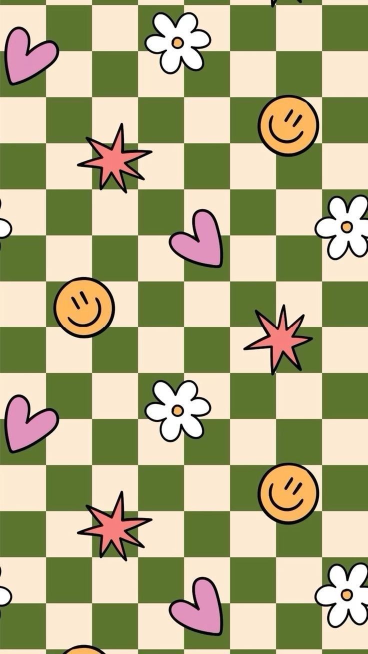 a checkered pattern with hearts, stars and smiley faces on the green squares background