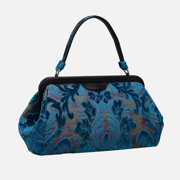 Burnout Velvet Aqua Blue Chatelaine Purse Large Carpetbag of America Blue Handheld Bag For Formal Occasions, Blue Handheld Bags For Formal Occasions, Formal Blue Handheld Bag, Blue Handheld Evening Bag With Detachable Handle, Blue Satchel Evening Bag With Detachable Handle, Blue Top Handle Satchel For Evening, Evening Blue Top Handle Satchel, Evening Handheld Bag With Adjustable Handle, Chic Blue Satchel Evening Bag