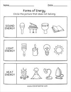 worksheet showing the energy and light sources for different types of things to draw