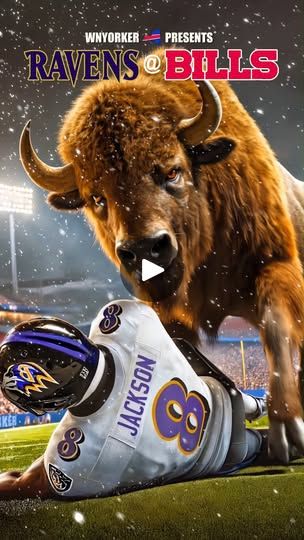 an image of a bison and football player in the snow