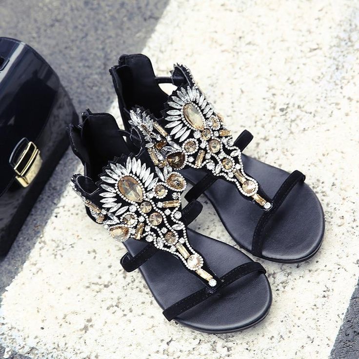 Rhinestone Luxury Diamond Roma Sandal Buckle Strap Flat Sandals Summer Sandals With Bling And Round Toe, Summer Open Toe Sandals With Rhinestones, Stone Embellished Round Toe Sandals For Summer, Bling Open Toe Sandals For Beach, Summer Ankle Strap Sandals With Bling, Summer Embellished Flat Heel Sandals, Beach Sandals With Rhinestones And Flat Heel, Flat Heel Sandals With Rhinestones For Beach, Evening Sandals With Rhinestones, Adjustable Fit