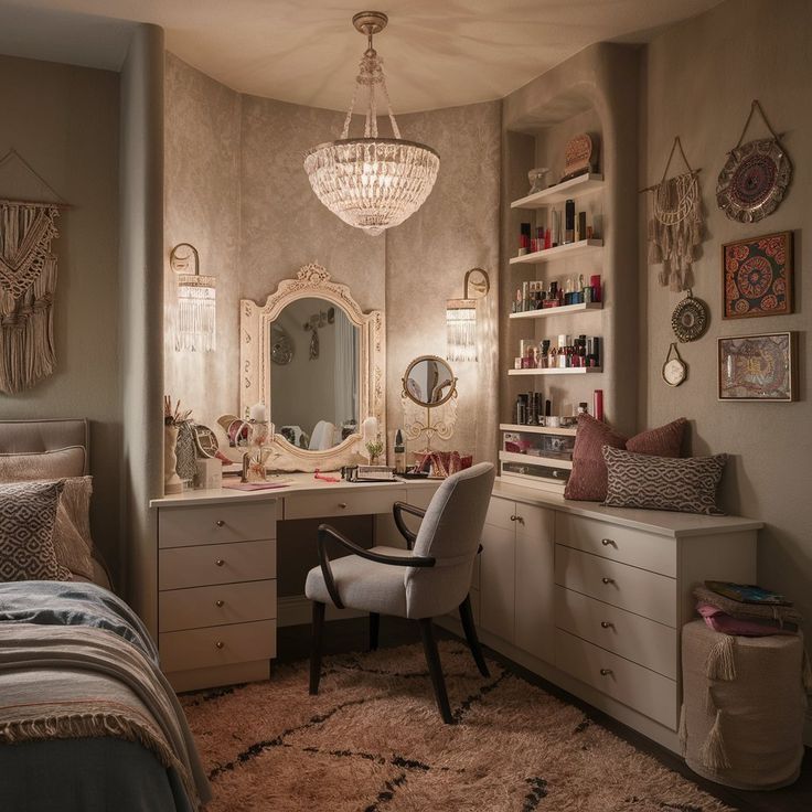 a bedroom with a vanity, desk and chair