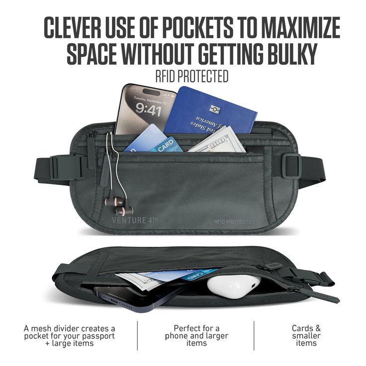 an advertisement with the text clever use of pockets to minimize space without getting bulky