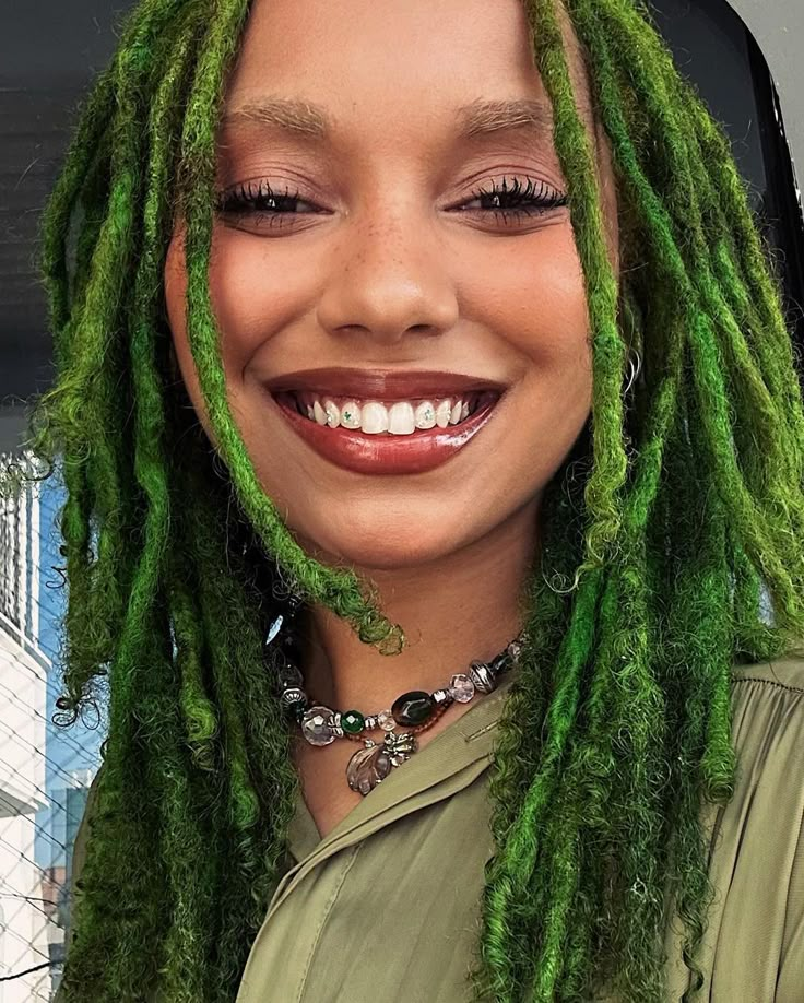 Mint Green Locs, Outfits With Green Hair, Green Locs Black Women, Green Braids For Black Women, Green Hair Black Women, Green Dreadlocks, Loc Color Ideas, Green Locs, Red And Green Hair