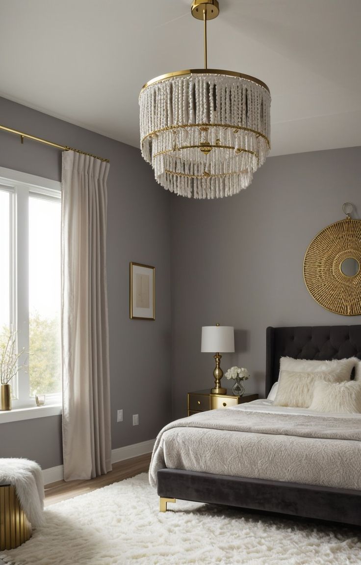 a bedroom with a large bed and chandelier hanging from the ceiling above it