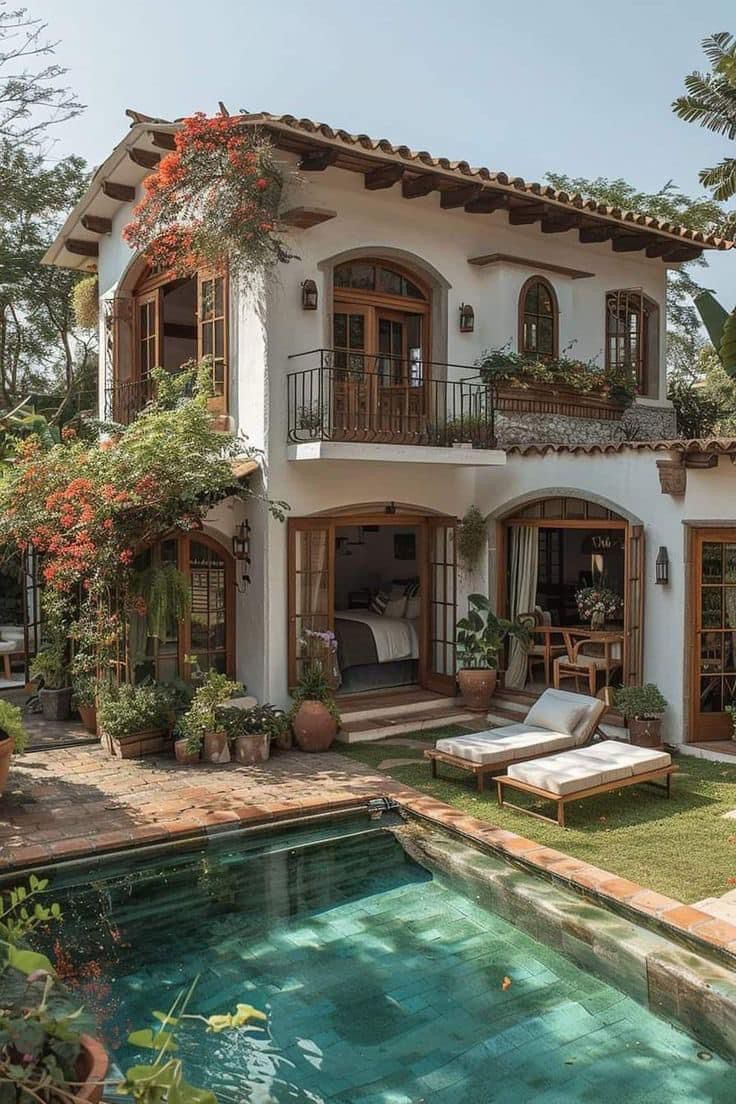 a house with a pool in front of it and lots of greenery on the outside