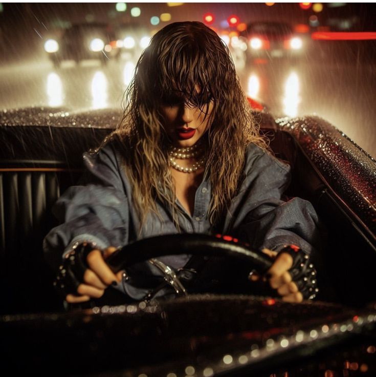 a woman driving in the rain on a car