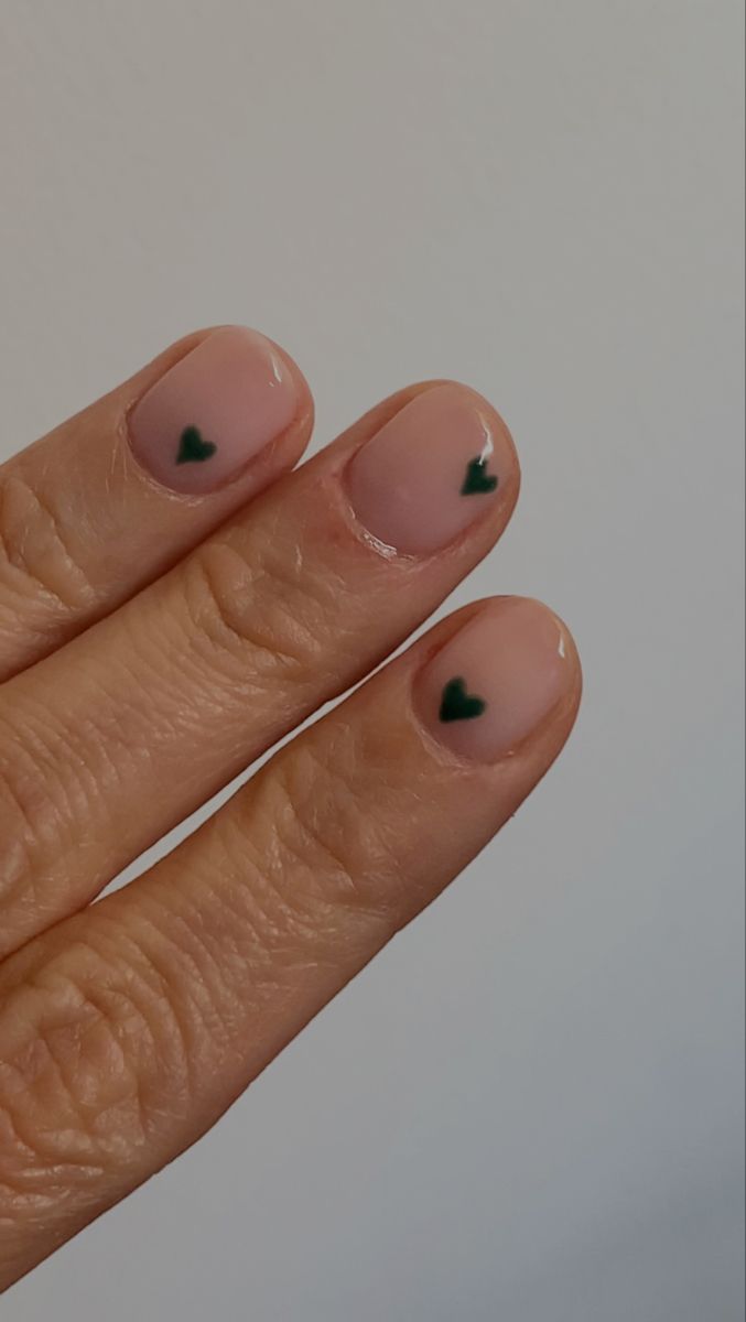 Nail Design Natural Nails Short, Simple Blue Heart Nails, Simplistic Nails Short, Short Nail Clear Designs, Short Acrylic Nails Men, Nail Art Very Short Nails, Green Minimal Nails, Green Nails With Heart Design, Short Nails Guys