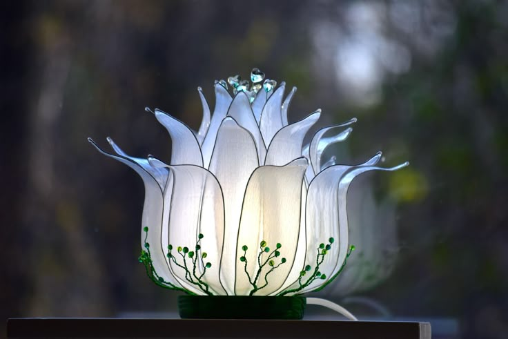 a white flower sitting on top of a window sill