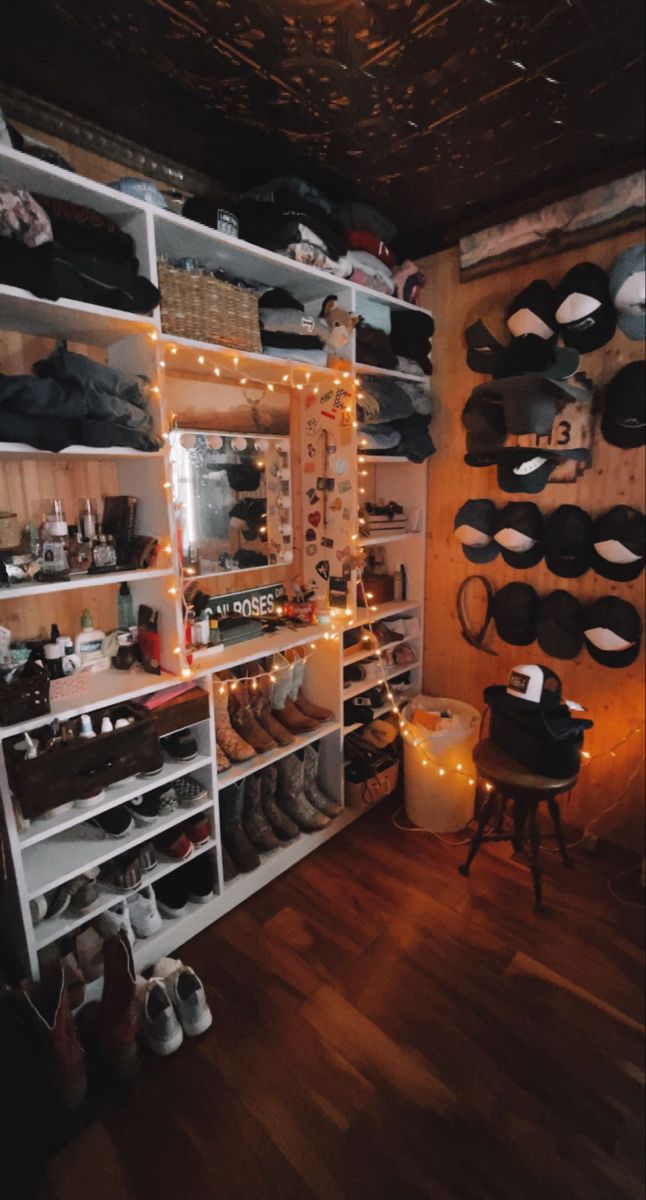 a room filled with lots of shoes and lights