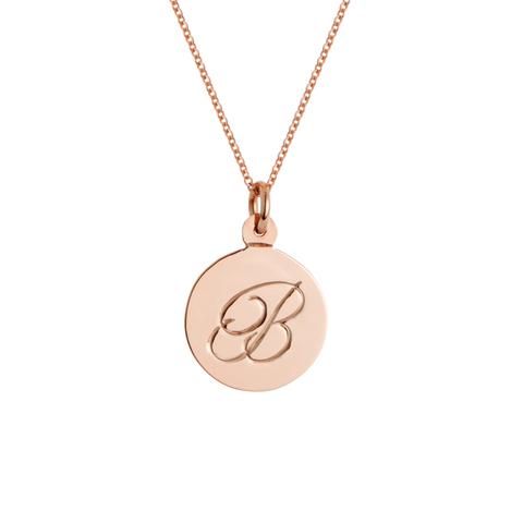 Rose Gold Script Initial Necklace Rose Gold Sterling Silver Medallion Jewelry, Fine Jewelry Charm Necklace With Engraved Round Pendant, Fine Jewelry Engraved Round Pendant Charm Necklace, Fine Jewelry Engraved Charm Necklace With Round Pendant, Engraved Round Pendant Charm Necklace In Fine Jewelry Style, Rose Gold Sterling Silver Medallion Charm Necklaces, Rose Gold Sterling Silver Medallion Charm Necklace, Rose Gold Polished Pendant Necklace, Rose Gold Medallion Jewelry With Polished Finish