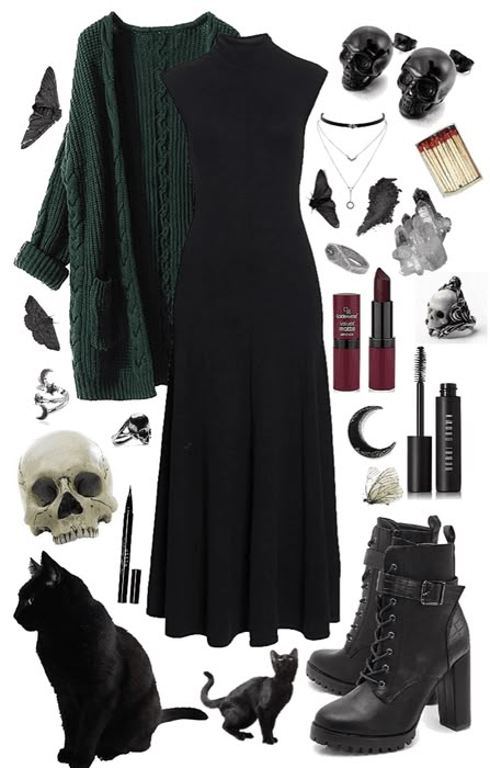 Witch Dress Up, All Black Witch Outfit, Witch Outfit Modern Aesthetic, Witch Fashion Modern, Witchy Aesthetic Clothing, Winter Witch Aesthetic Fashion, Witch Vibes Aesthetic Outfit, Witches Of East End Outfits, Green Witch Outfit Modern