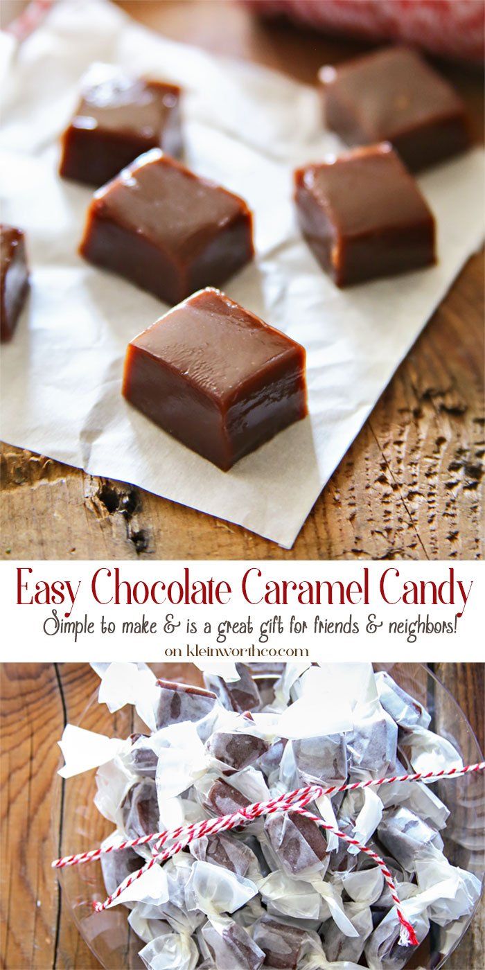 easy chocolate caramel candy recipe on a wooden table with red and white striped twine