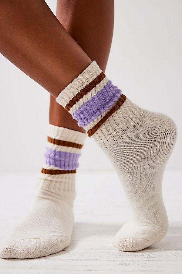 Classic sporty crew socks featured in a wide ribbed design with striped details at the ankle. * Calf-high rise * Comfortable fit | Retro Stripe Tube Socks by Free People in Purple Cool Ankle Socks, High Ankle Socks, Women’s Socks, Free People Socks, Socks Photography Ideas, Cute Long Socks, Socks With Sneakers, 80s Socks, Socks Photoshoot