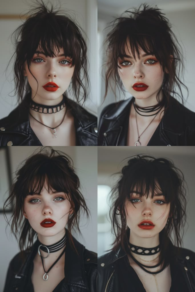 Goth Bangs Long Hair, Wolf Cut Shaved Sides, Goth Short Hair, Bangs Haircut Ideas, Bang Inspo, Hair Wolf Cut, Haircut Ideas Trendy, Bangs Haircut, Cherry Red Hair