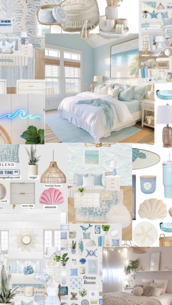 a collage of blue and white bedroom decor with sea shells, seashells