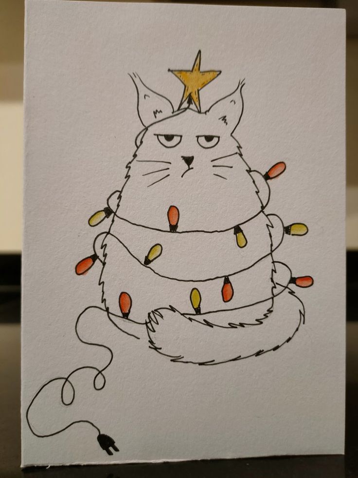 a drawing of a cat with christmas lights on it's neck and head, sitting in front of a white card