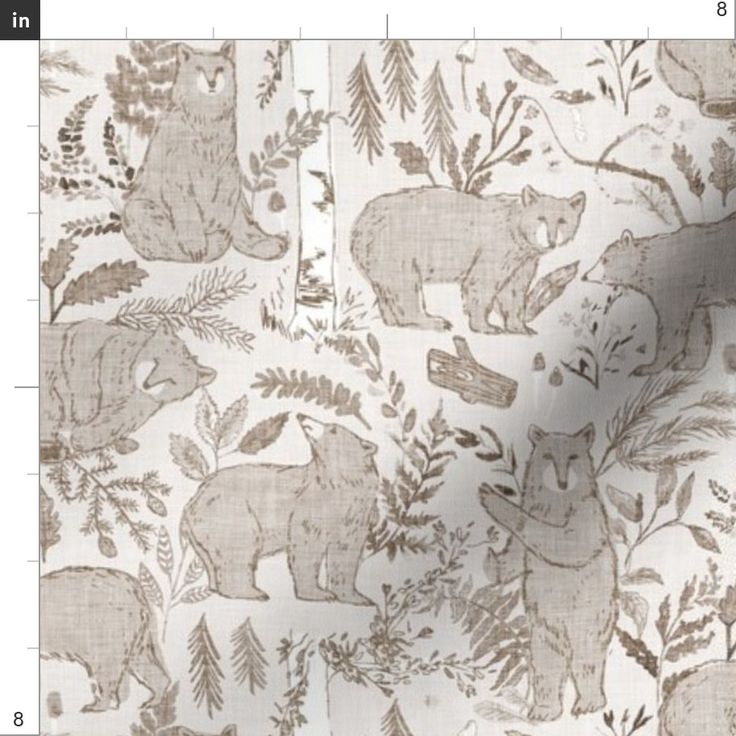 an image of a fabric with bears and plants on it in grey, white or beige colors