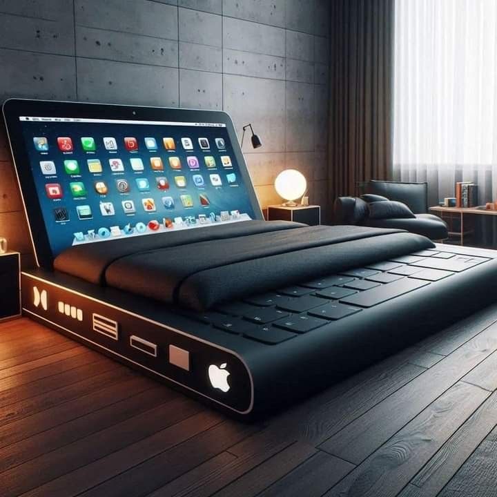 the bed has an apple app on it's headboard and is lit up