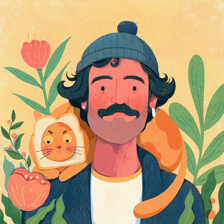 an illustration of a man with a cat on his shoulder