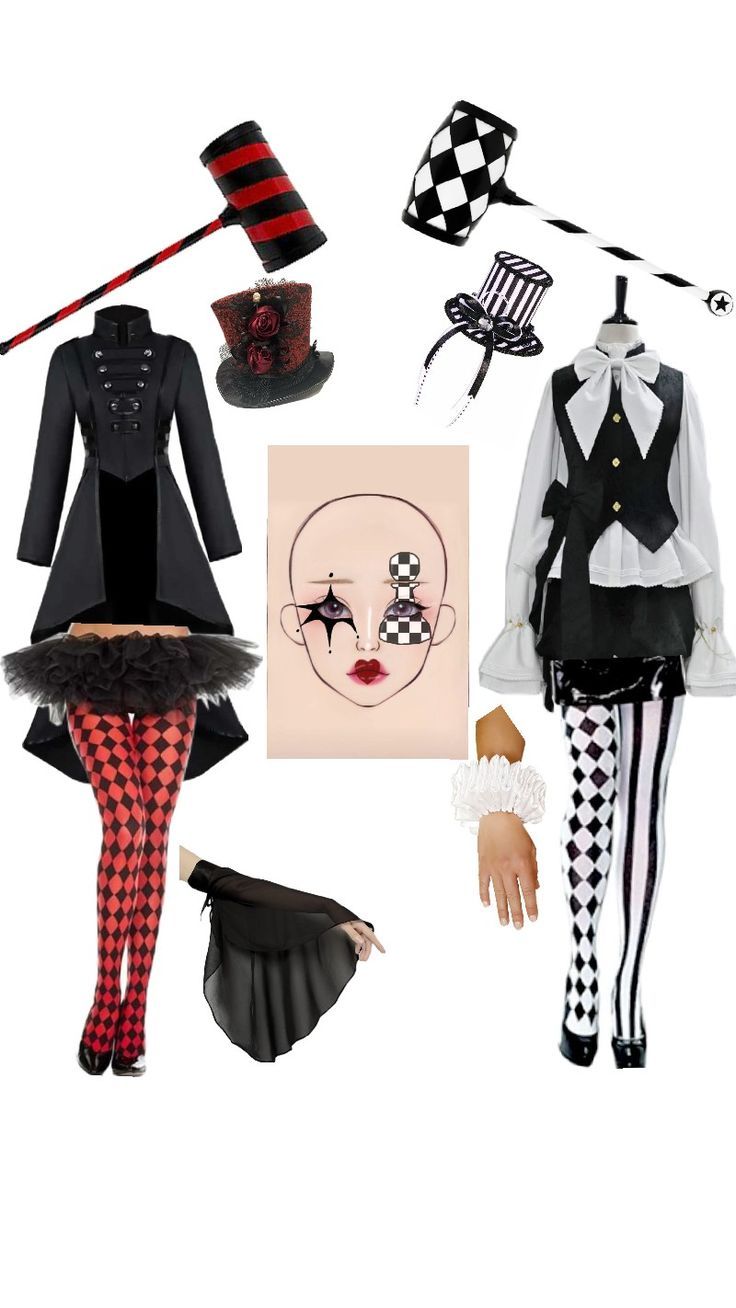 a collage of costumes and accessories including a hat, top hat, skirt, jacket, gloves