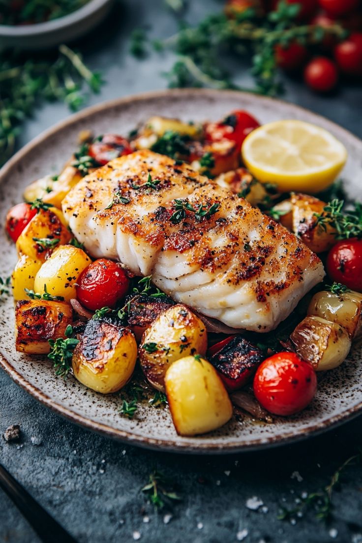 Grilled fish fillet served with roasted cherry tomatoes and potatoes, garnished with fresh herbs. Meals With Cod Fish, Cod Fish Recipes With Cherry Tomatoes, Healthy Dinner Ideas Fish, Beautiful Side Dishes, Cod Fish Salad Recipes, Try New Recipes, White Fish Meals, Simple Healthy Family Dinners, White Cod Fish Recipes