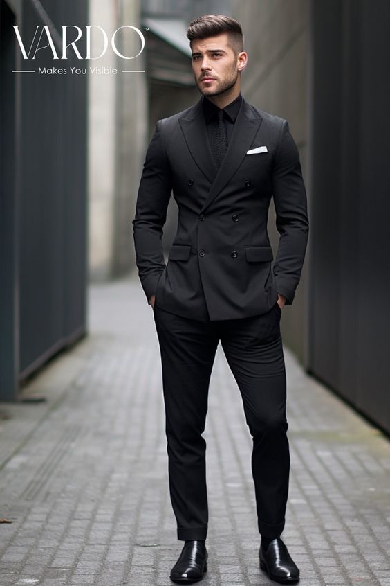 Best Black Suits For Men, Black And Black Suit Men, Mens Black Double Breasted Suit, Mens Modern Suits, Full Black Wedding Suit, Business Consultant Outfits, Full Black 3 Piece Suit Men, Men Black Suit Wedding, Mens Hollywood Glamour