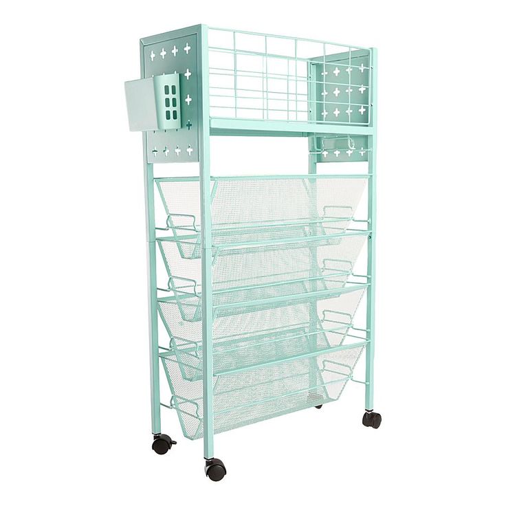 a green metal rack with five drawers and four shelves on each side, in front of a white background