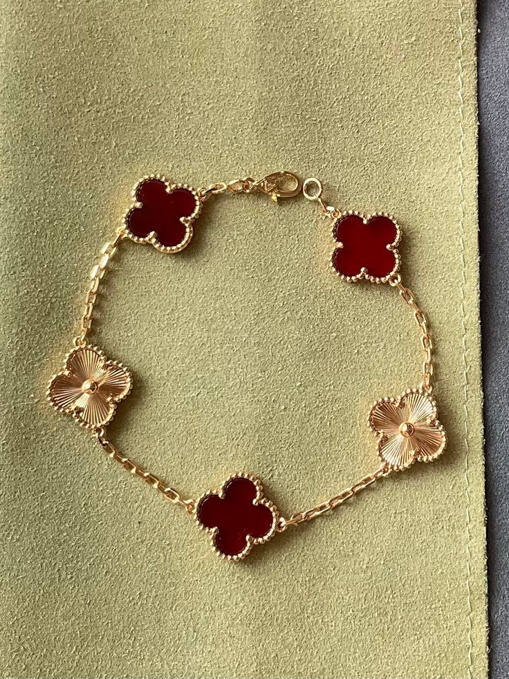 5 motifs Guillioche carnelian 15mm clover bracelet 925 silver 18k gold plated 7.5 inches long - ParadiseKissCo Designer Handmade Sterling Silver Jewelry, Designer Gold-plated Silver Jewelry, Handmade Designer Round Jewelry, Designer Handmade Round Jewelry, Luxury Polished Bracelet Jewelry, Luxury Polished Bracelet, Luxury Silver Plated Bracelets, Elegant Gold-plated Flower-shaped Bracelet, Designer Sterling Silver Jewelry In Gold Color