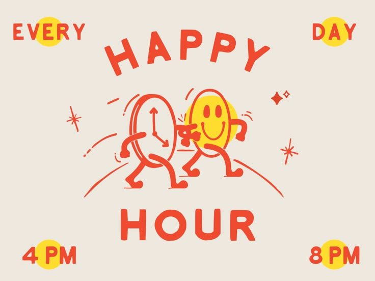 an image of happy hour with two cartoon characters and the words'every happy hour '