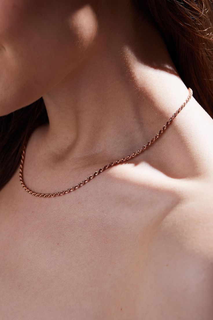 Introducing our elegant Rose Gold Rope Chain Necklace, crafted from luxurious 14k Rose Gold. This stunning piece combines durability with a timeless design, making it an essential addition to any jewelry collection. Features: - Metal: 14k Rose Gold - Length: 16 inches - Design: Rope Chain - Versatility: Perfect for everyday wear or layering with other necklaces - Metal: Crafted from high-quality 14k Rose Gold, this necklace offers durability and a beautiful, warm hue that complements any skin to Elegant Rose Gold Round Chain Necklace, Dainty Rose Gold Necklace With Curb Chain, Luxury Rose Gold Necklace With Curb Chain, Rose Gold Link Chain Necklace For Formal Occasions, Elegant Rose Gold Link Jewelry, Rose Gold Curb Chain Necklace, Rose Gold Jewelry With Rope Chain For Gift, Rose Gold Diamond Cut Necklace For Everyday Luxury, Dainty Rose Gold Jewelry With Curb Chain