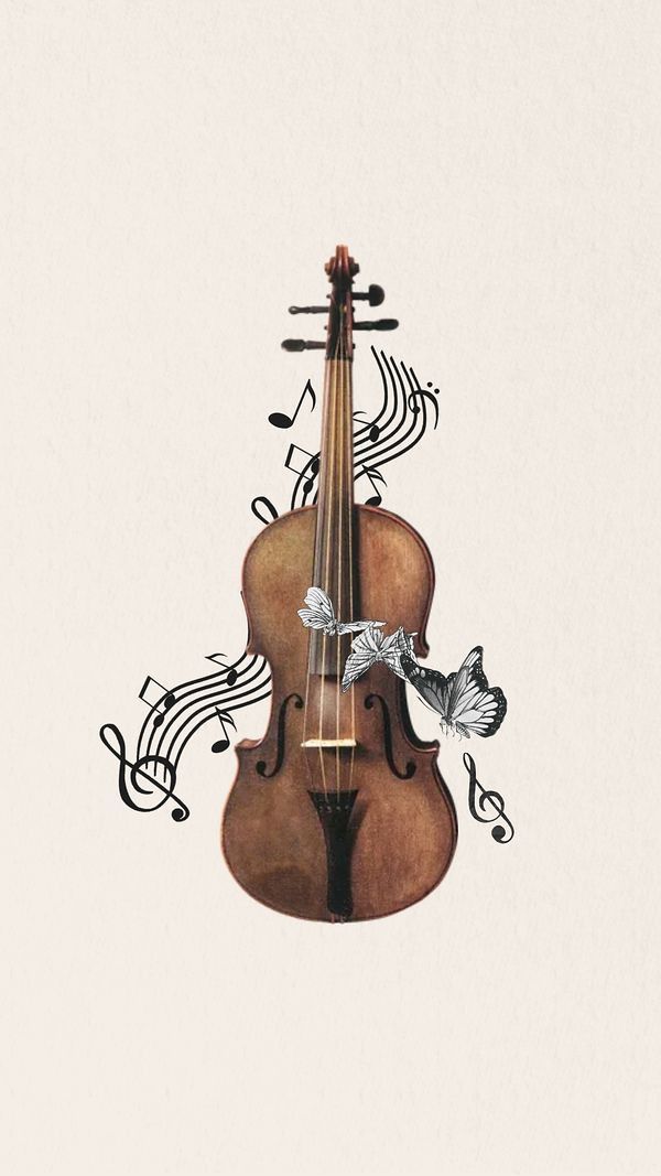 a drawing of a violin with music notes on it's back and butterflies flying around