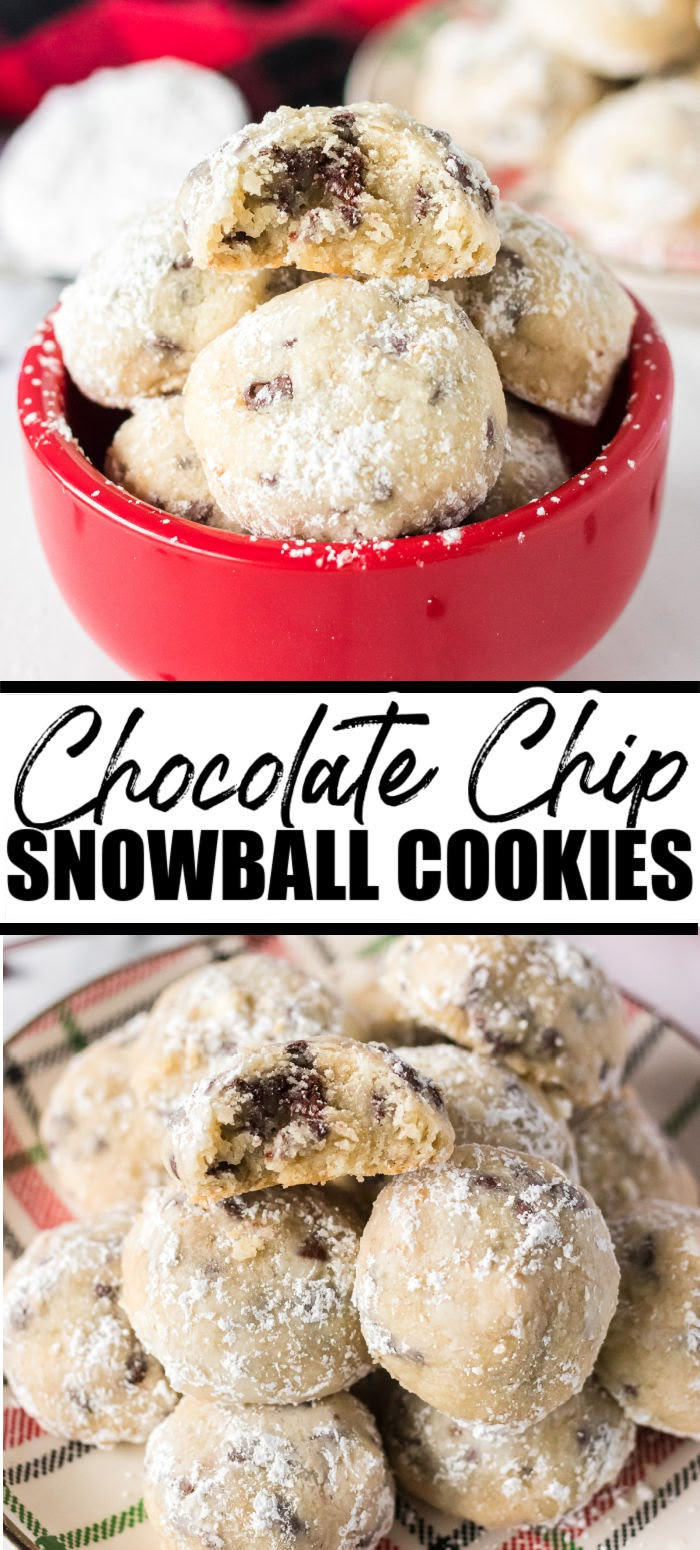 chocolate chip snowball cookies in a red bowl