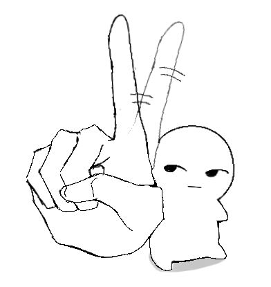 a hand making the peace sign with an alien holding up it's fingers in front of